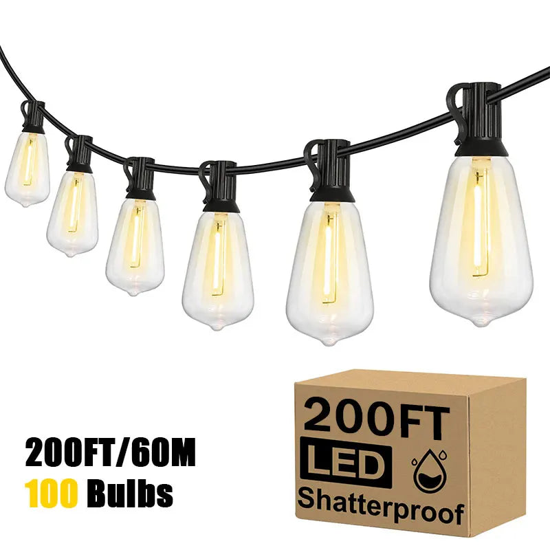 200FT ST38 String Lights Outdoor Garland Connectable Shatterproof Waterproof Plastic LED Bulb Dimmable Patio Garden Decor