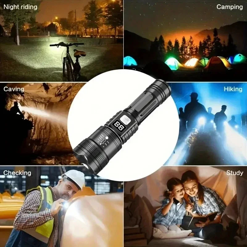 100000LM Super Bright Flashlight Rechargeable LED Torch Long Range Tactical Lamp for Outdoor Waterproof Camping Fishing Lantern