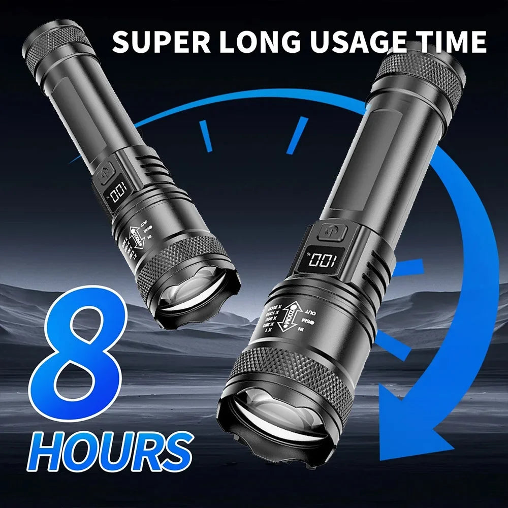 100000LM Super Bright Flashlight Rechargeable LED Torch Long Range Tactical Lamp for Outdoor Waterproof Camping Fishing Lantern