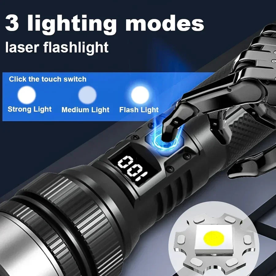 100000LM Super Bright Flashlight Rechargeable LED Torch Long Range Tactical Lamp for Outdoor Waterproof Camping Fishing Lantern