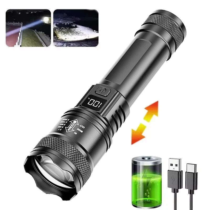 100000LM Super Bright Flashlight Rechargeable LED Torch Long Range Tactical Lamp for Outdoor Waterproof Camping Fishing Lantern