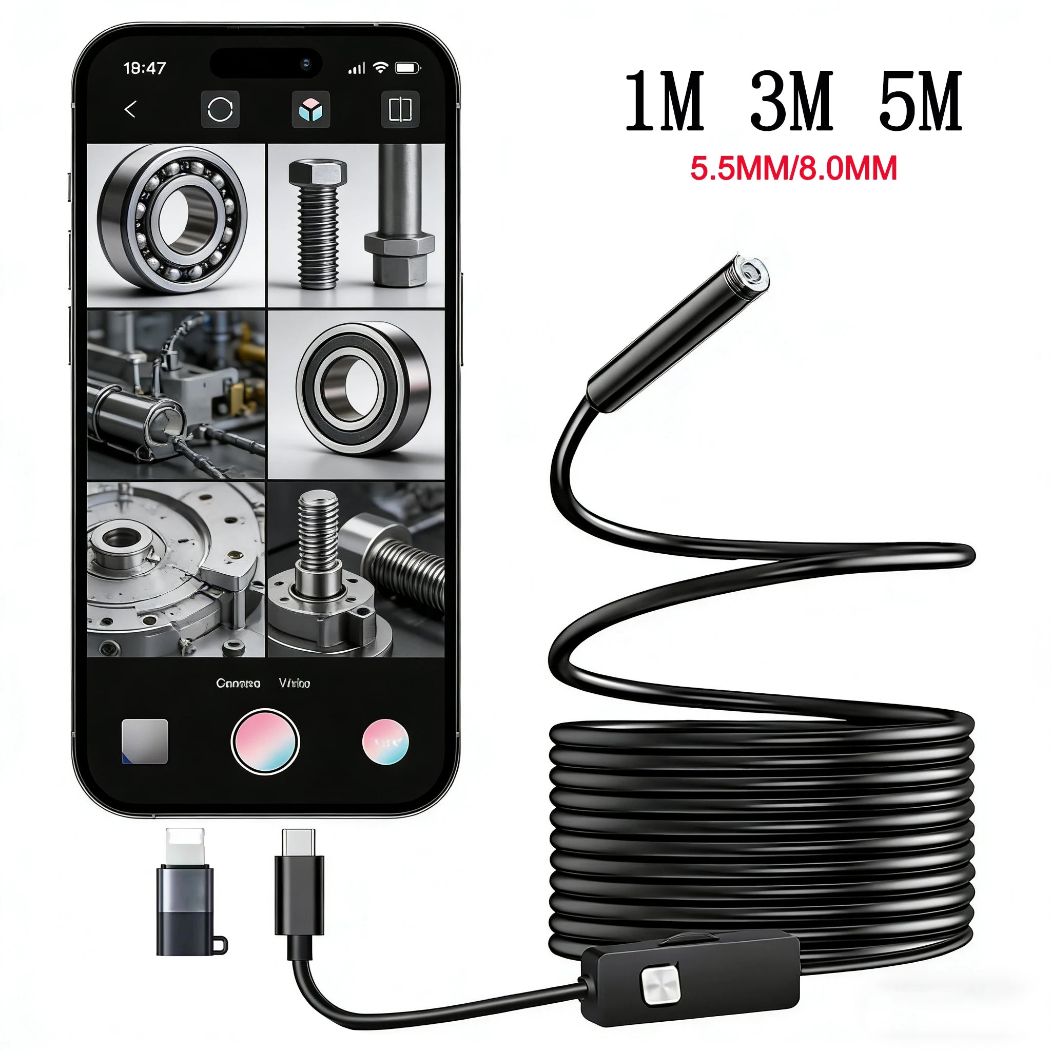 1080P Type-C Endoscope Camera 2MP Inspection Camera for Car Pipeline Borescope 5.5mm/8mm Compatible for Android iOS iPhone 15 16