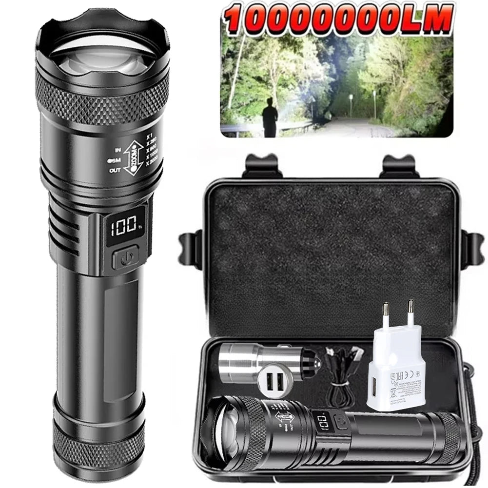 100000LM Super Bright Flashlight Rechargeable LED Torch Long Range Tactical Lamp for Outdoor Waterproof Camping Fishing Lantern