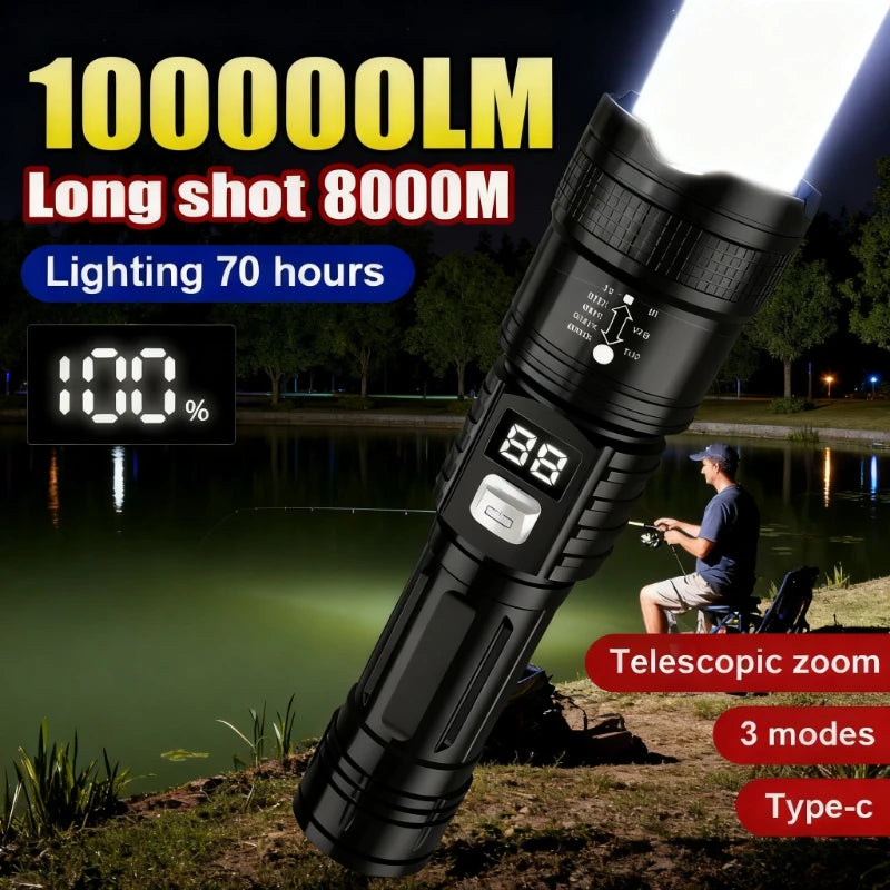 100000LM Super Bright Flashlight Rechargeable LED Torch Long Range Tactical Lamp for Outdoor Waterproof Camping Fishing Lantern