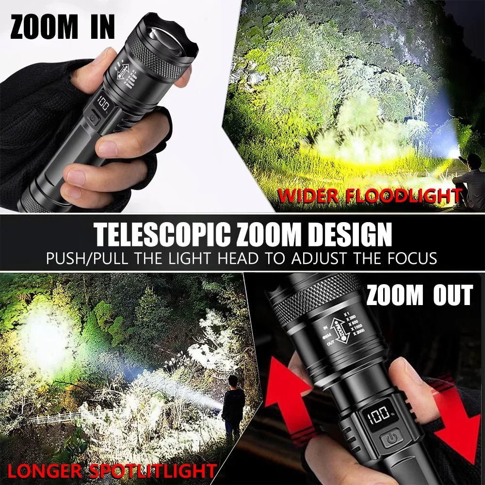 100000LM Super Bright Flashlight Rechargeable LED Torch Long Range Tactical Lamp for Outdoor Waterproof Camping Fishing Lantern