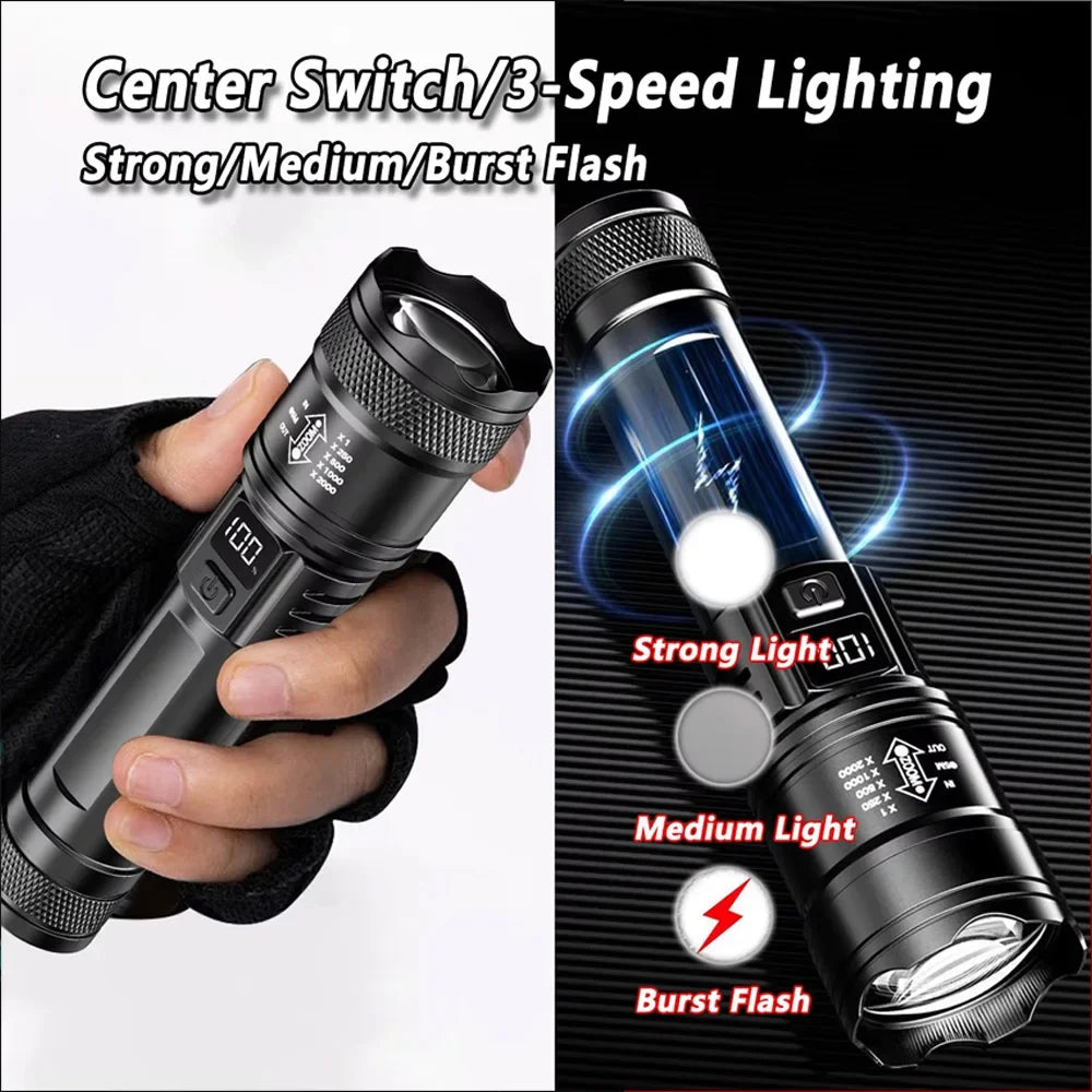 100000LM Super Bright Flashlight Rechargeable LED Torch Long Range Tactical Lamp for Outdoor Waterproof Camping Fishing Lantern