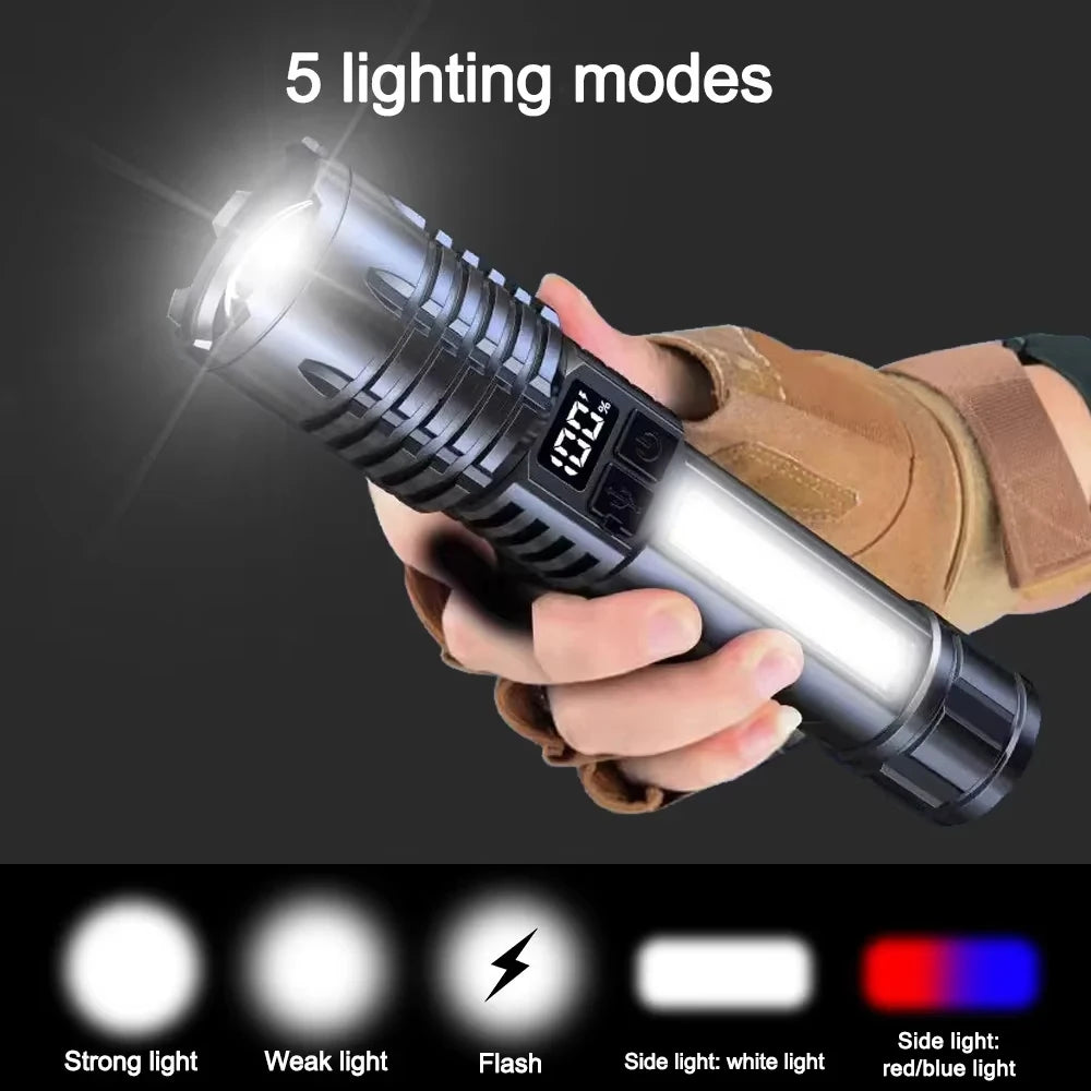 100000LM Super Bright Flashlight Rechargeable LED Torch Long Range Tactical Lamp for Outdoor Waterproof Camping Fishing Lantern